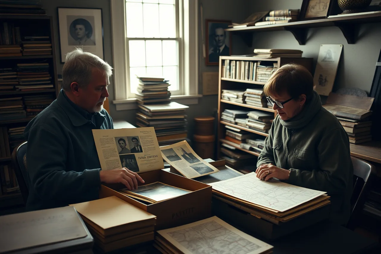 Volunteer helping a researcher with archival boxes in a small research room (Why small-town county historical societies close in winter in the Midwest)